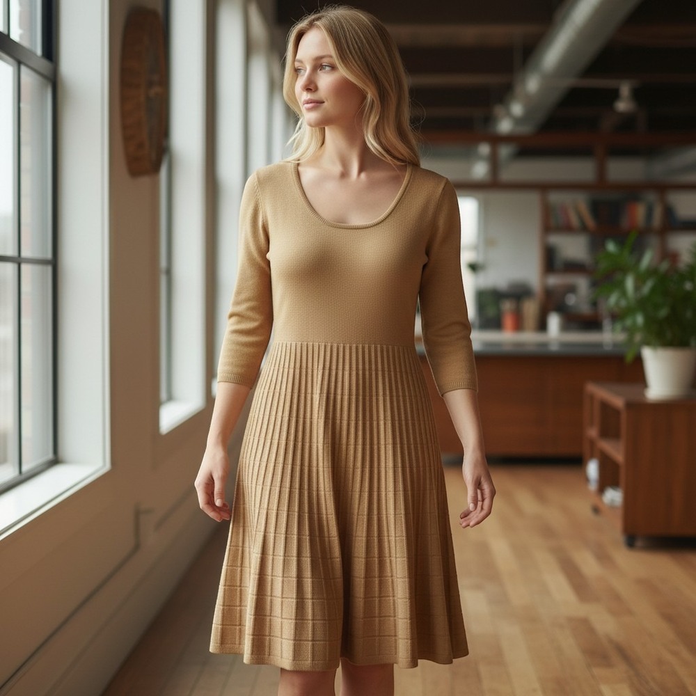 Calvin Klein Sweater Dress NWOT Womens L Tan Brown Camel Knit Fit‎ Flare Fall